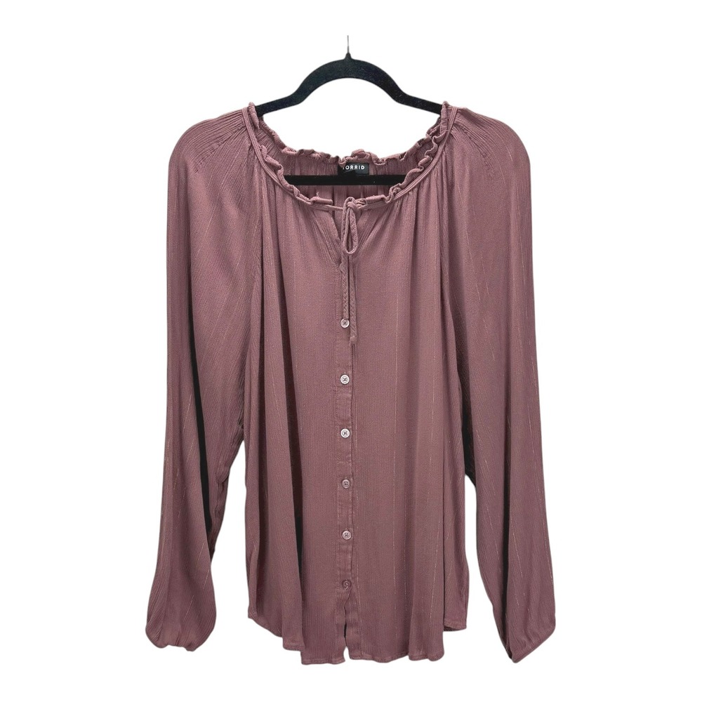 Torrid Plus Size Burgundy Ribbed Ruffle Neck Tie Front Long Sleeve Blouse Top‎ 2
